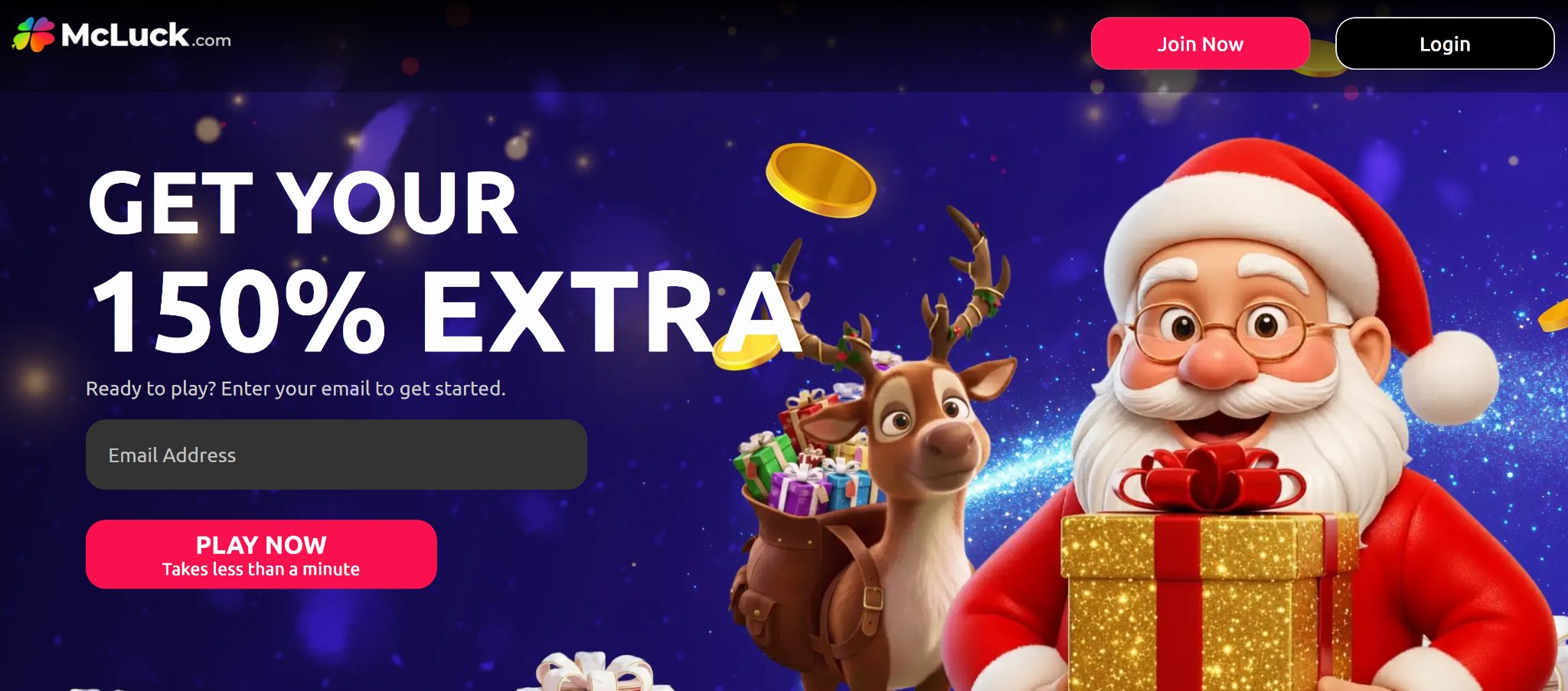 McLuck.com homepage showing “Get your 150% extra” promo and Join Now / Login buttons.