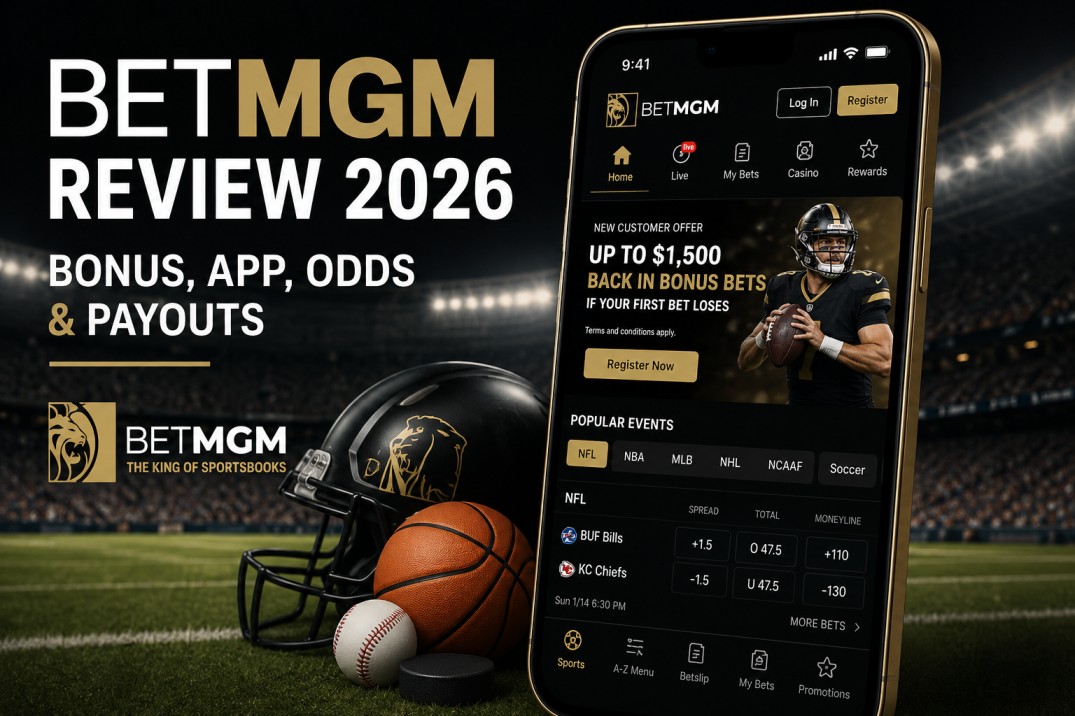 BetMGM Review 2026 featuring the sportsbook app, bonus offer, betting odds, and payout information.