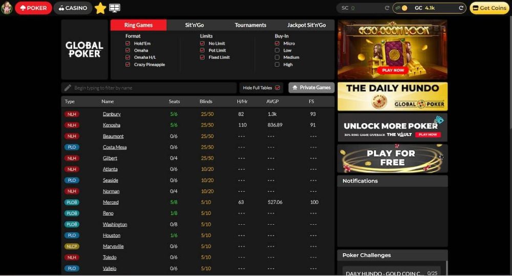 Global Poker lobby with ring games and poker tables