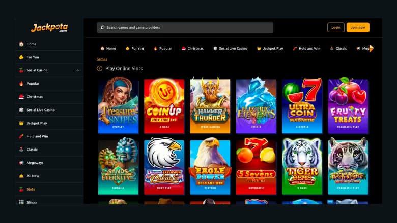 Jackpota social casino lobby and slot games