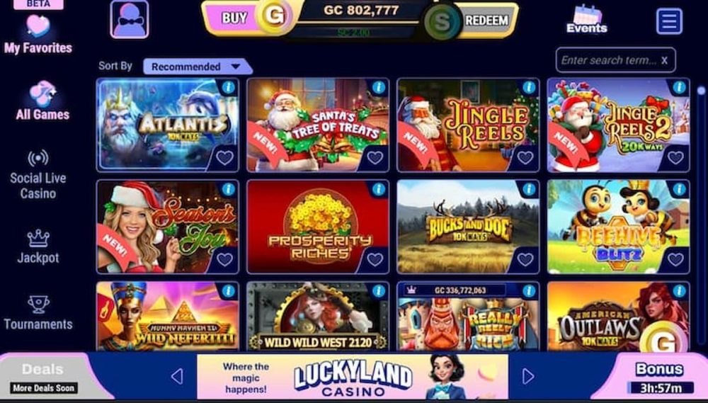 LuckyLand Casino lobby and games