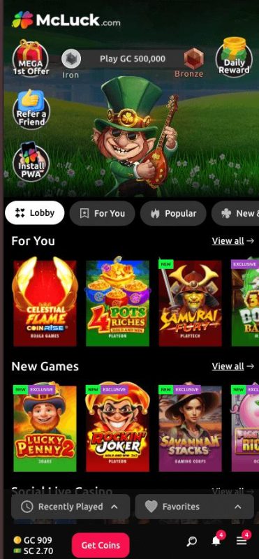 McLuck social casino lobby and games sites like Chumba Casino