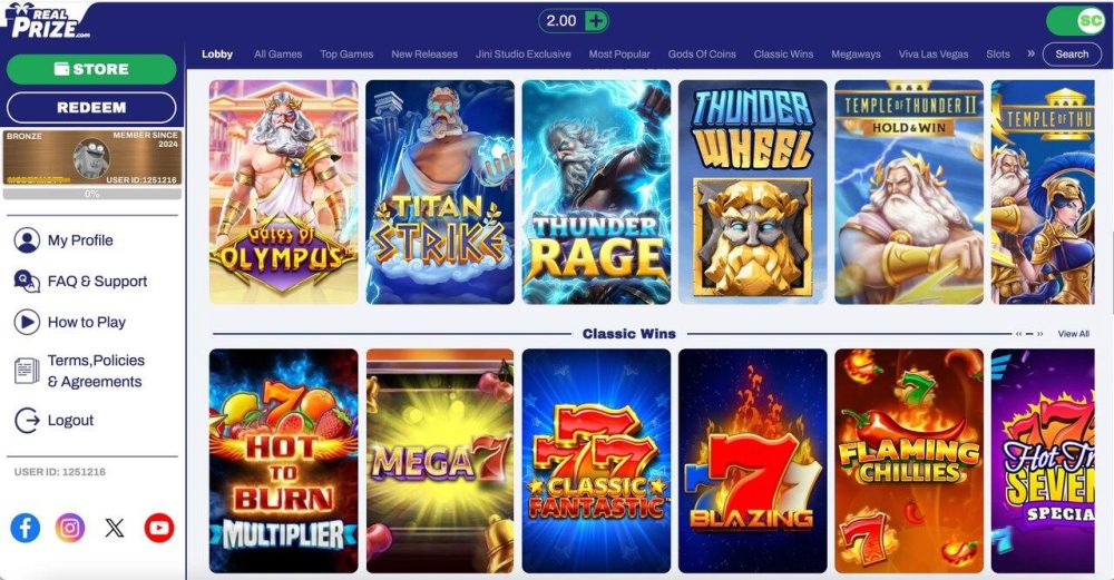 RealPrize casino lobby and game library