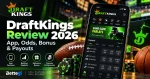 DraftKings review 2026 showing the sportsbook app, betting markets, welcome bonus, odds, payouts, and payment features.