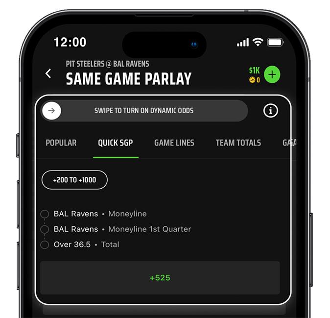 DraftKings Same Game Parlay screen with NFL betting selections and odds