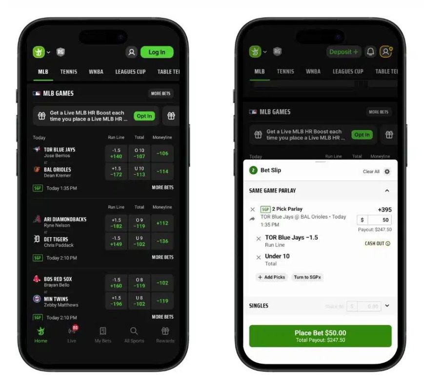 DraftKings Sportsbook app showing betting markets, odds, and bet slip