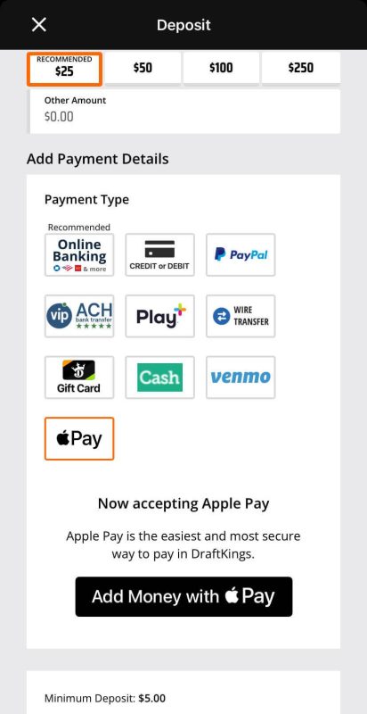 DraftKings deposit screen showing Apple Pay and other payment methods