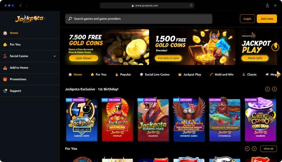 Jackpota social casino lobby showing free Gold Coins, game categories, and slot titles