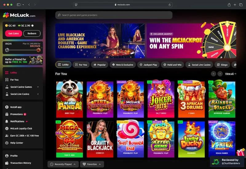 McLuck casino lobby showing Gold Coins, Sweeps Coins, live casino, and slot games