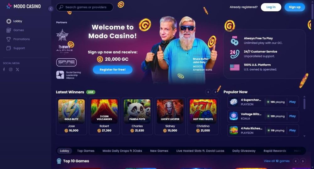 Modo Casino homepage showing social casino games, Gold Coins, and current promotions