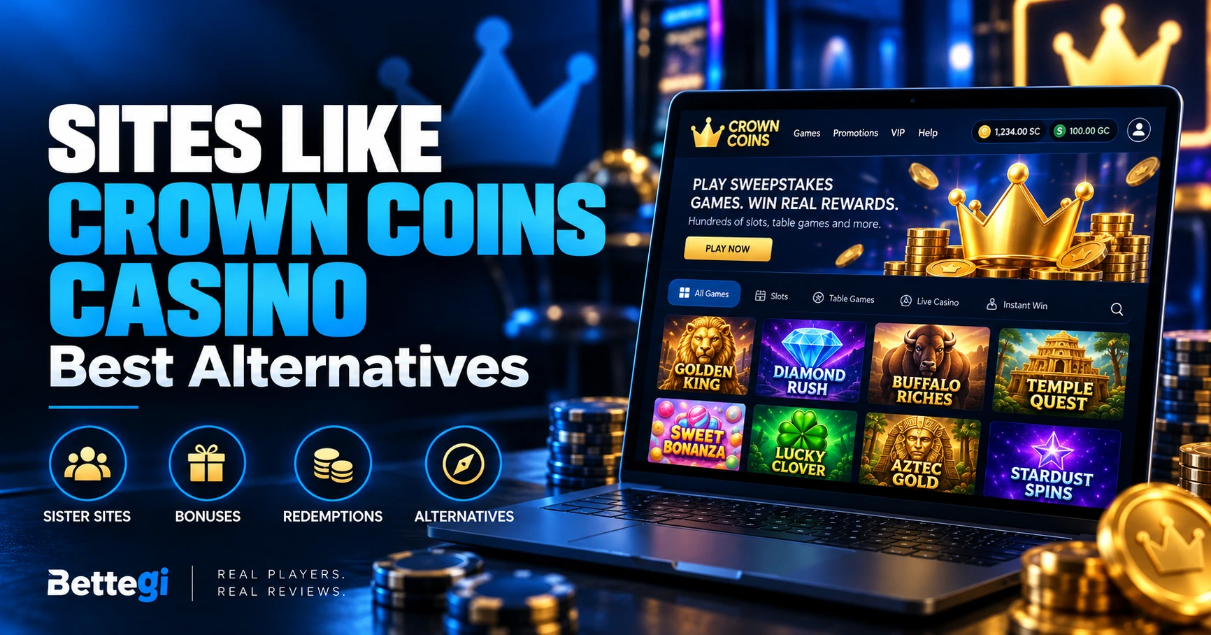 Sites like Crown Coins Casino featuring sweepstakes alternatives, bonuses, redemptions, and casino game options