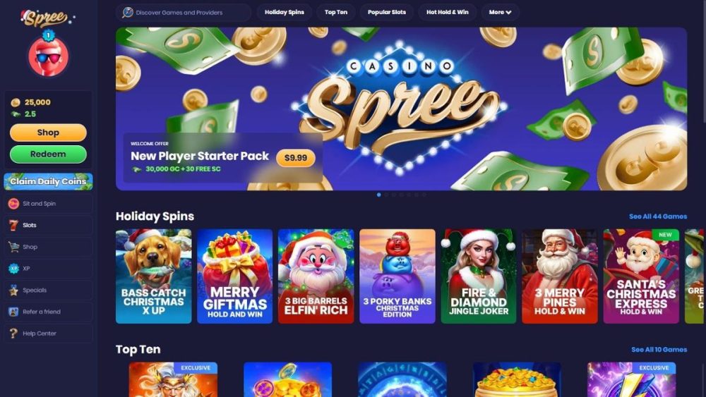 Spree casino lobby showing promotions, game categories, and featured slot games