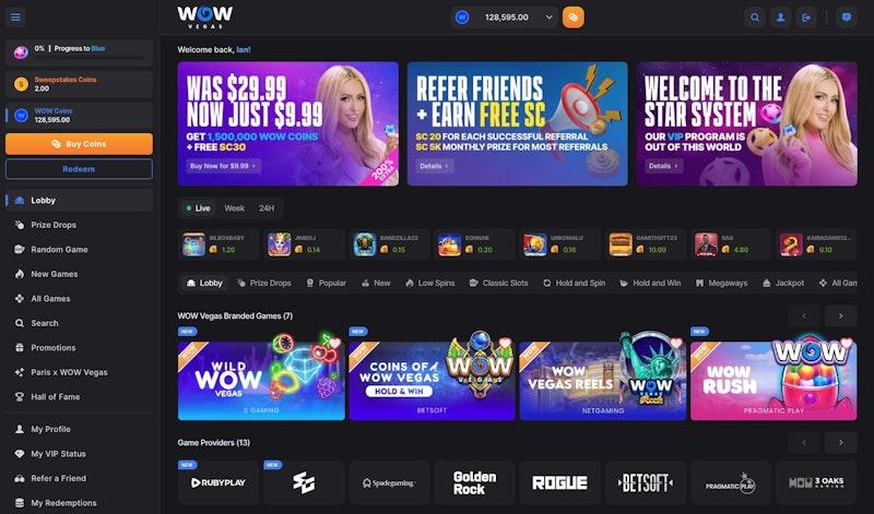 WOW Vegas casino lobby showing Sweeps Coins, promotions, games, and redemption access